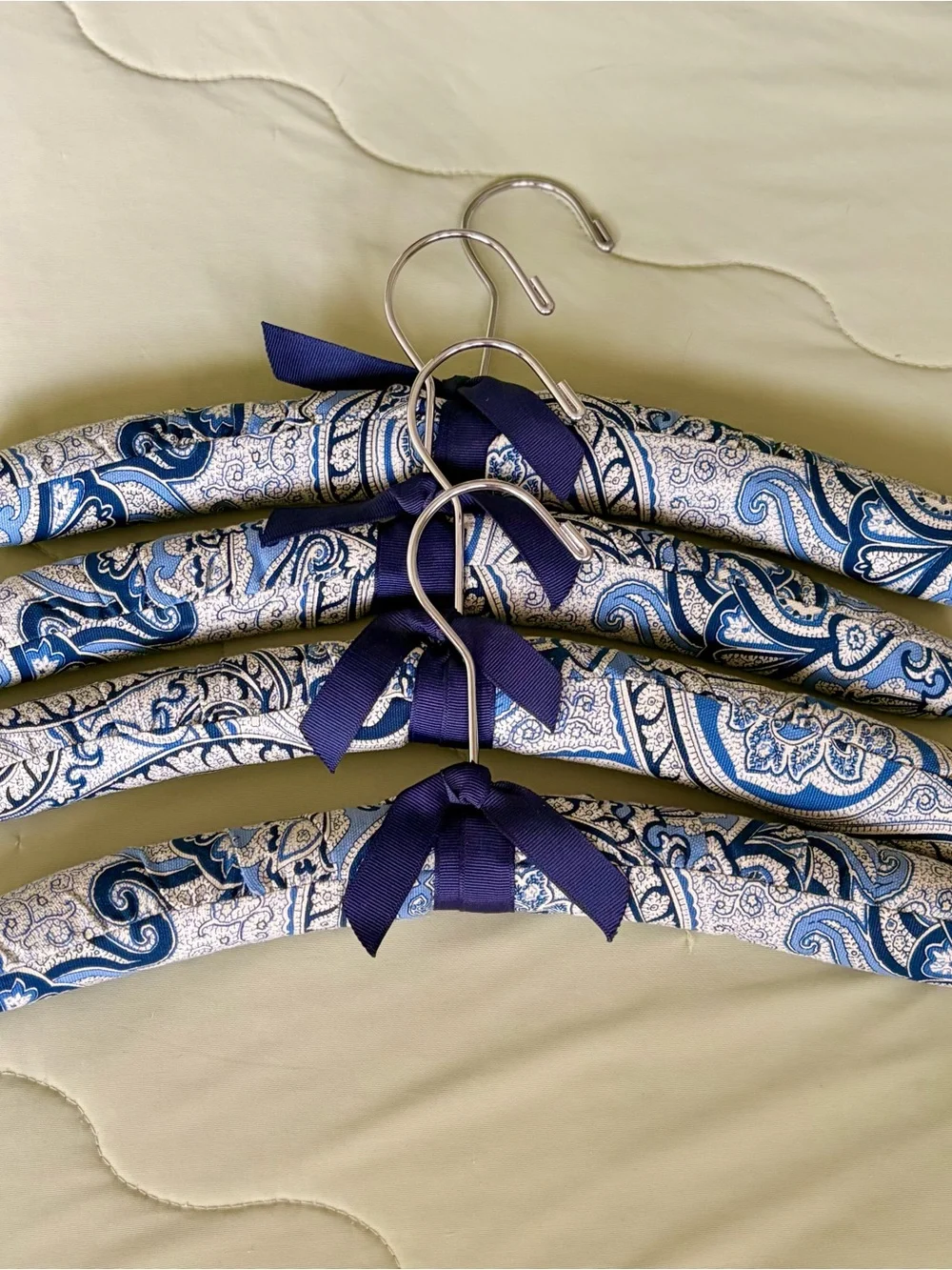 Padded Paisley Style Print Fabric Hangers in Navy and Cream - Set of 4